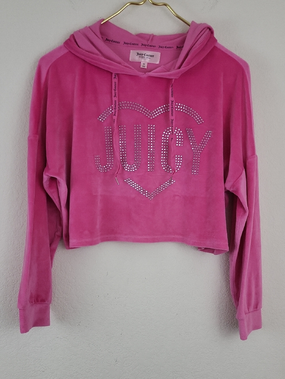 Juicy Couture Bling Pink Velour Pullover Cropped Hoodie Size Medium
